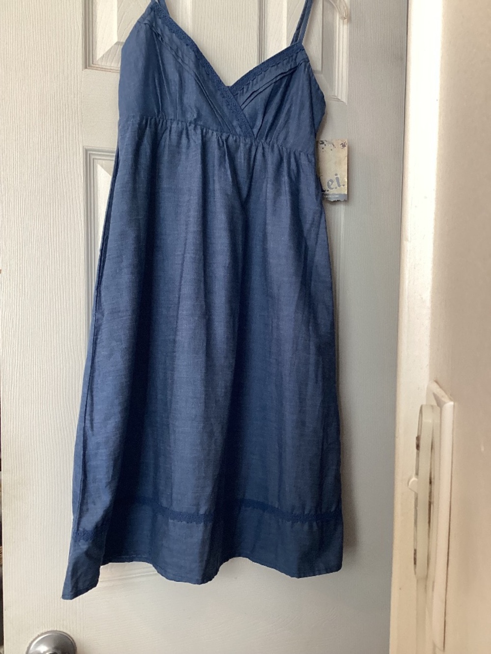 LEI Denim Chambray Mini Sundress Crochet Trim Juniors XS NEW